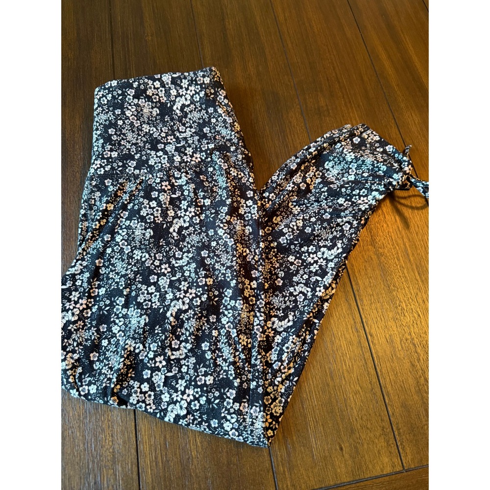 Body & Sol Womens Floral High Waisted Leggings Black White Ruched Tie Ankle L